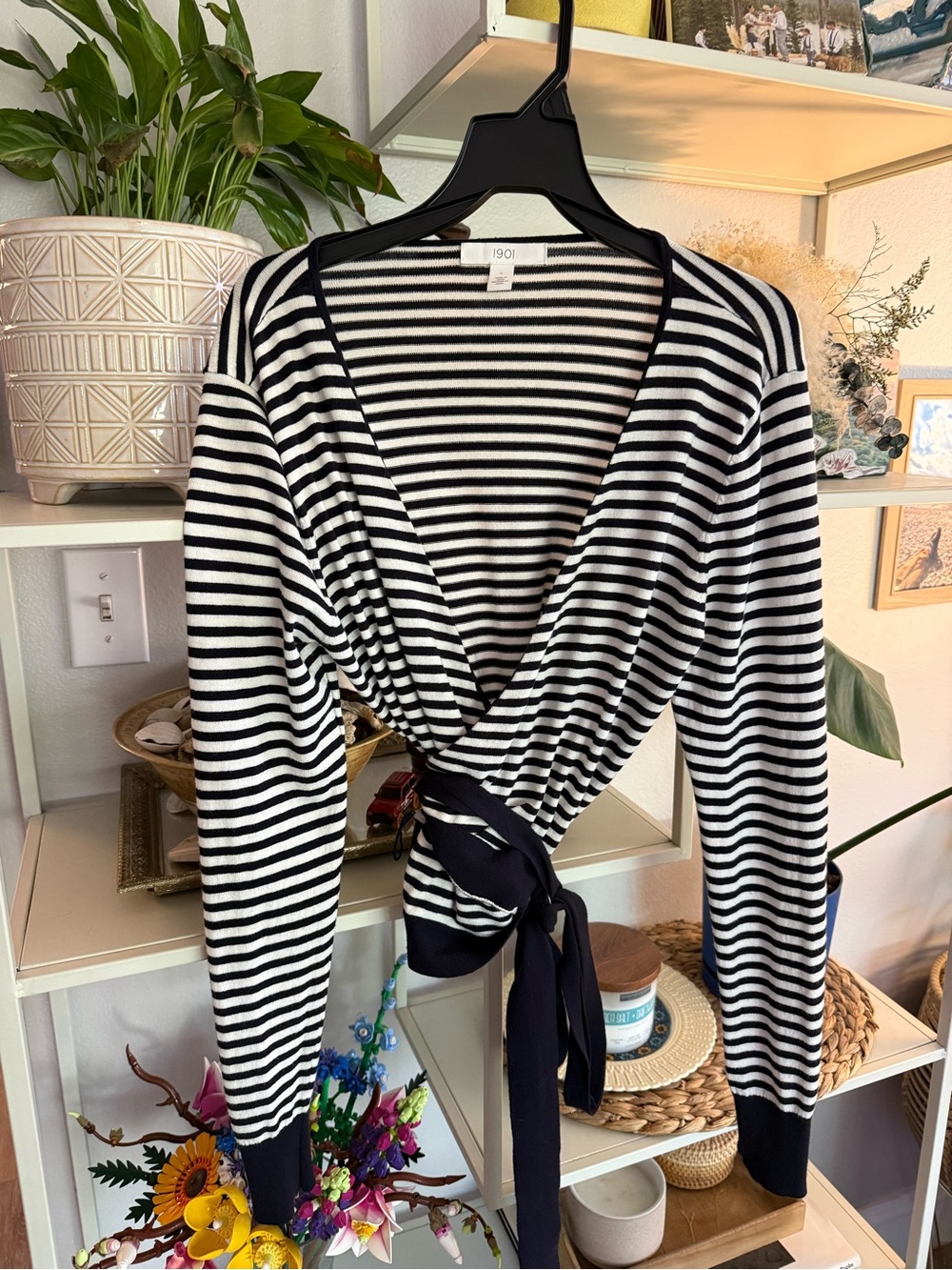 1901 Black and White Striped Wrap Tie-Front Crop Top